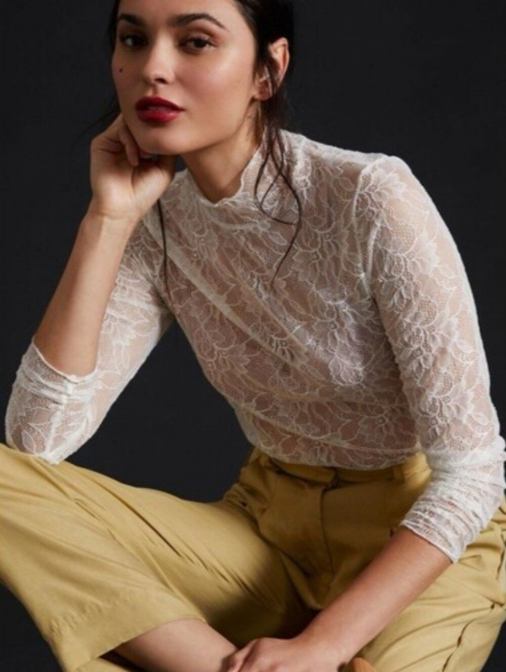 ANTHROPOLOGIE Lace Layering Turtleneck Women's M Sheer Stretch Romantic